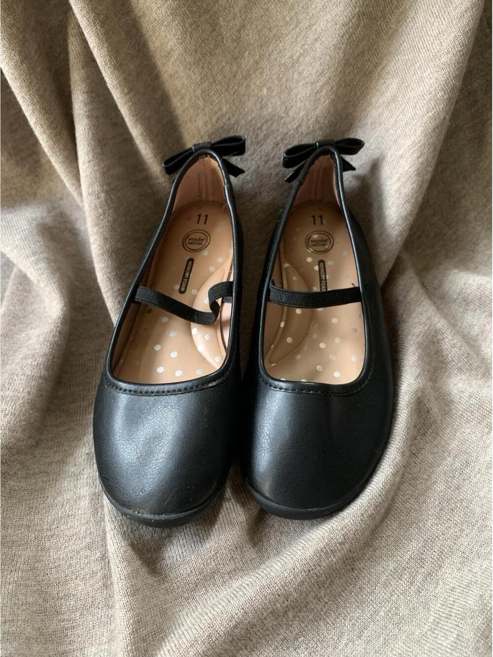 Wonder Nation Girls Shoes Black Ballet Flats Sz 11 SlipOn Memory Foam NonMarking